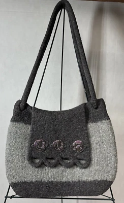 Gray Striped 100% Wool Boho Style Shoulder Purse 13" x 10" Silver Accents. - Image 1 of 4