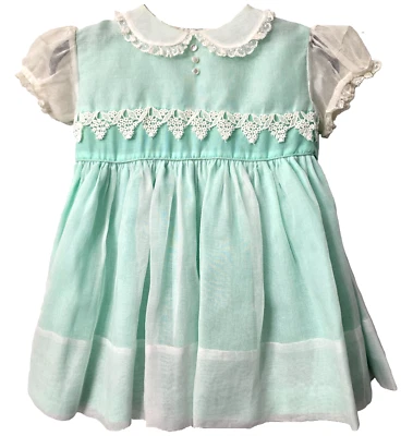 Vintage 60s Sears Chiffon Dress 2 2T Peter Pan Collar Lace Mint Green 50s Church - Image 1 of 4