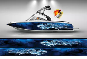 Dark Blue Smoky Tuna Fishes Graphic Vinyl Boat Wrap Decal Fishing Bass Pontoon - Picture 1 of 9