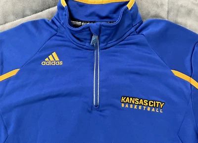 Chaqueta UKC Univ of Kansas City Adidas 1/4 Cremallera Para Hombre Azul Amarillo Borde Pequeña Foto 1 de 4