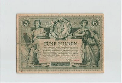 AUSTRIA 5 Gulden 1881, P-A154, Scarce Early Type, Circulated w/ Splits. A5 - Image 1 of 3