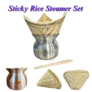Bamboo Sticky Rice Steamer Set Waist Shaped Pot Woven Meticulous with Spatula - Picture 1 of 12