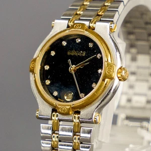 [Exc+5] Gucci 9000L  Black Dial Women's Qz Watch 25mm Gold Plated #2050 - Picture 1 of 11
