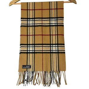V. Fraas Cashmink Plaid Scarf with Fringe Tan Black Fall Winter Preppy 56x12 - Picture 1 of 5
