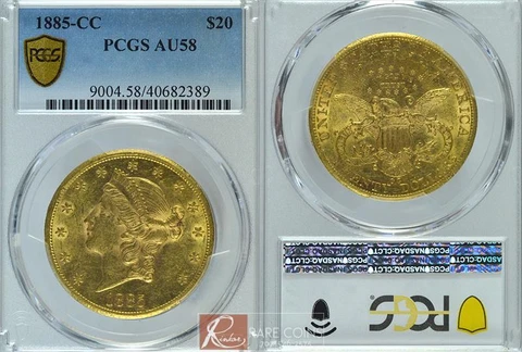 1885-CC Liberty Head $20 PCGS AU-58 Cover