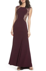 $300 XSCAPE Embellished Jersey Gown GLITTERING CRYSTAL-SPARKED EMBROIDERY WINE - Picture 1 of 5