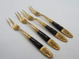 Sitting Buddha SIAM Cocktail Seafood Forks 4 Gold Bronze Buffalo Horn Handle - Picture 1 of 4