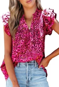 Women's Casual Boho Floral V Neck Ruffle Short Sleeve Loose Blouses Tops size M - Picture 1 of 5