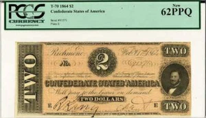 1864 $2 Estados Confederados de América T 70 PCGS Nuevo 62 PPQ 110215D - Imagen 1 de 3