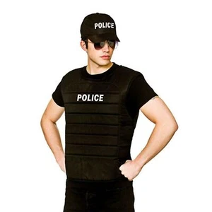 Adult POLICE OFFICER VEST + HAT Black Deluxe Padded FBI Cop Fancy Dress Costume - Picture 1 of 2