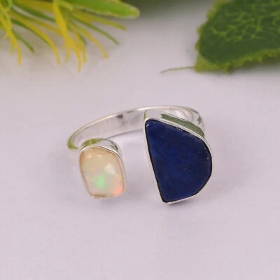 Anillo ajustable doble piedra cruda ópalo etíope y lapislázuli plata 925 regalo para amigo Foto 1 de 4