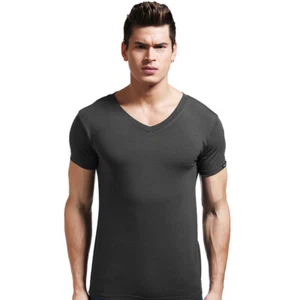 Summer Solid Color Modal T-shirts Men's Short Sleeve Tops V-neck Shorts Slim Fit - Picture 1 of 18
