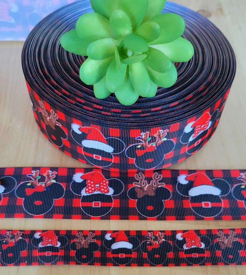 Cinta de grosgrain de Navidad a cuadros de Mickey Mouse de 7/8 o 1,5" (1 YD) Minnie Buffalo Foto 1 de 1