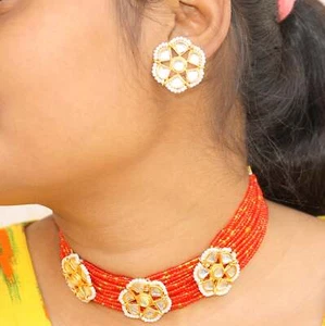 Kundan Choker Collana Placcata in Oro Sposa Perline Set Gioielli Donna - Foto 1 di 51