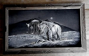 Vintage Buffalo Picture Velvet Wall Framed Mexico Kitsch Used Mexico apx 23 x 14 - Picture 1 of 11