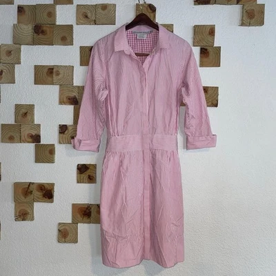 Gretchen Scott Wash & Wear Breezy Blouson Pink White Striped Shirt Dress Medium - Image 1 of 4