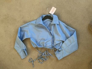 Bnwt Missguided Blue Poplin Wrap Around Waist Long Sleeve Top Shirt Size 8 - Picture 1 of 4