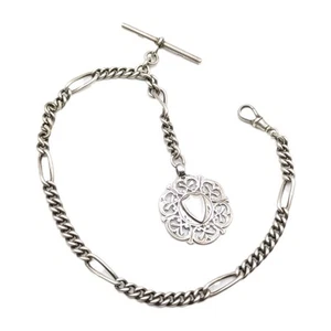 Victorian 1894 Chester Sterling Silver Antique Albert T-Bar Figaro Chain 35m - Bild 1 von 4