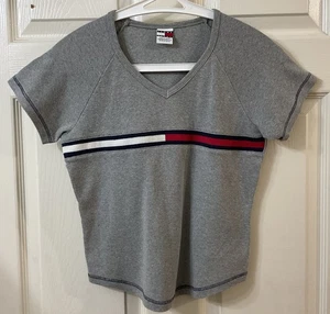 Vtg Tommy Girl Jeans TH Hilfiger V-Neck T-Shirt Top L/G Spell Out Flag Logo Gray - Picture 1 of 14