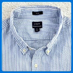 Camicia J.Crew Slim Fit Seersucker • Uomo XL Blu Bianco Righe Manica Corta NUOVA - Foto 1 di 7