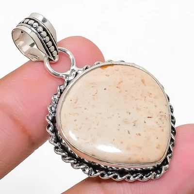 Pendente In Argento Sterling 925 Fatti A Mano In Gemma Di Corallo Fossile 1.69" - Immagine 1 di 4