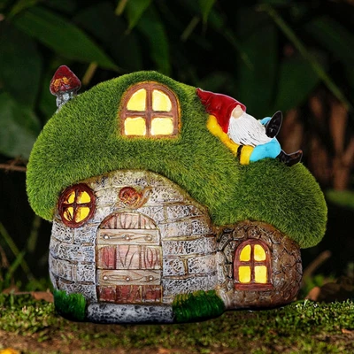 House Garden Statues with Solar Lights, LED Cute Flocked Fairy House with Gnomes - image 1 of 4