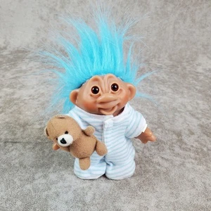 Muñeca DAM Troll Pijama a Rayas Pelo Azul Oso de Peluche 5" - Imagen 1 de 9