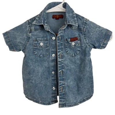 7 For All Mankind 男宝宝 18 个月牛仔衬衫复古水洗西部 Snap 风格 Y2K — 第 1/4 张图片