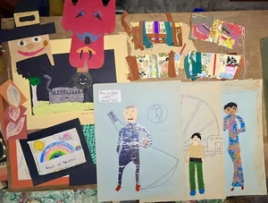 Vintage Child’s Classroom Outsider Folk Naive Drawings Artwork Mask Costumes Lot - Picture 1 of 22