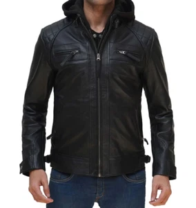 Diamond Hood Black Men’s Leather Jacket Fixed Hood & Rugged Urban Look - Picture 1 of 6