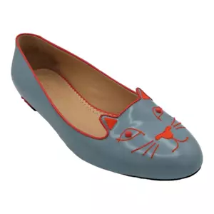 Charlotte Olympia Leather Kitty Cat Flats Blue Red Embroidered EU 39.5 US 9.5 - Picture 1 of 12