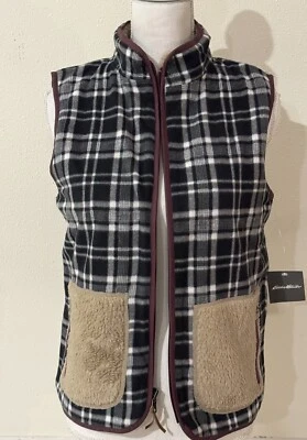 NOS Eddie Bauer Womens Reversible Fleece Plaid & Tan Sherpa Vest Size Med. - Image 1 of 4