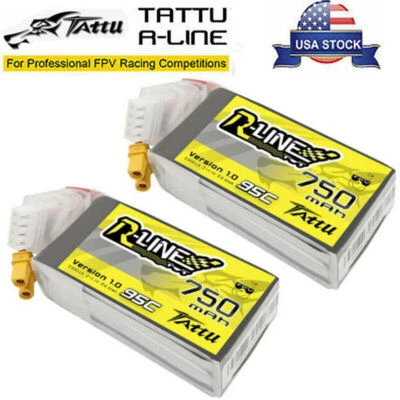 2x Tattu R-Line 11.1v 3s 750 95c Performance Racing Quad Drone Lipo Battery XT30 - Image 1 of 4
