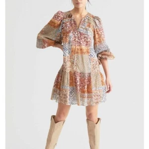 Witchery Dress Womens 8 Brown Floral Patchwork long Sleeve Smock Slip lined - Picture 1 of 16