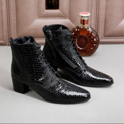 Mens Dress Cuban Heels Black Side Zip Ankle Boots Real Leather Pointy Toe Oxford - Image 1 of 4