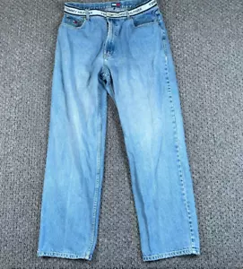 VTG Tommy Hilfiger Straight Leg Jeans Men's 36 x 34 Blue Denim Spell Out Waist - Picture 1 of 13