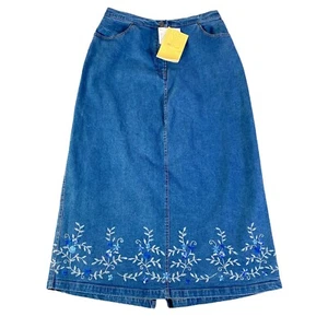 Vintage Danny Noble Denim Maxi Skirt Womens 1X Blue Embroidered Slit Modest Boho - Picture 1 of 11
