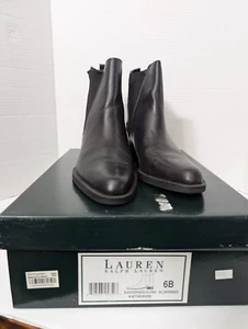 Women's Ralph Lauren Black Burnished Calfskin Katherine Ankle Boot Size 6 Box - Picture 1 of 8