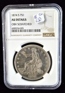 1874-S Trade Silver Dollar T$1 Coin (1874-S) - Certified NGC AU-Details - Picture 1 of 2
