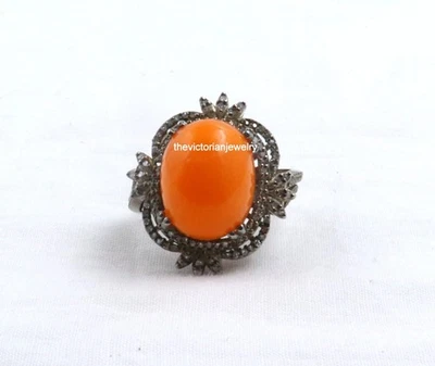 Anillo de plata de ley 925 con piedras preciosas de diamantes de corte único de ópalo de fuego naranja Foto 1 de 4