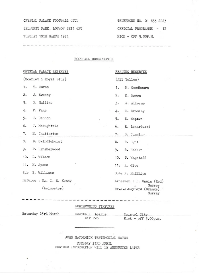 Crystal Palace Reserves v Reading (Combination) 1973/1974 - Image 1 of 1