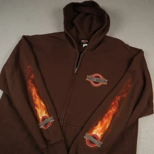 Y2K Harley Davidson Full Zip Hoodie Men's Large Sweatshirt Jacket Brown Flames - Picture 1 of 9