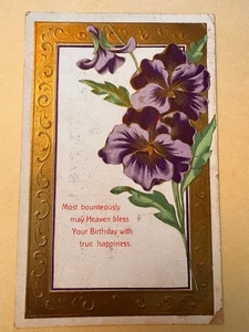 Postcard: Birthday Greetings, Purple Flowers, posted in 1909 - Picture 1 of 2