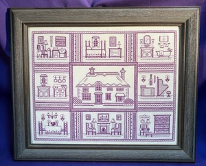 completed framed REDWORK MYSTERY COTTAGE SAMPLER 2007 Gay Ann Rogers - Picture 1 of 6