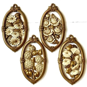 Vtg Floral Wall Plaques Plastic Set of 4 Gold & Cream Syroco Dart Homco Burwood - Picture 1 of 18