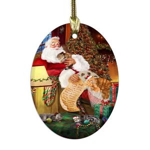 Babbo Natale che dorme con gatti pieghevoli scozzesi vetro ovale decorazioni natalizie da appendere - Foto 1 di 1