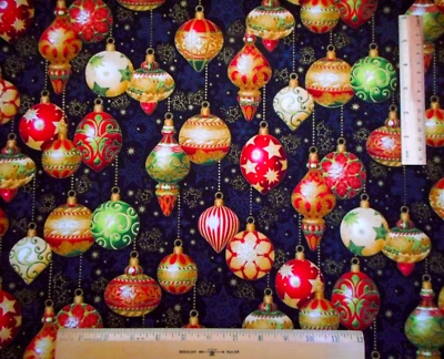 Kaufman Fabric Short Yard Holiday Flourish Ornaments Gold Black Xmas Cotton 22 B - Image 1 of 2
