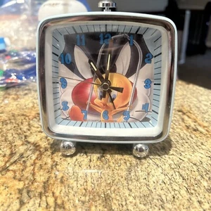 Battery Operated Tweety & Silvester Alarm Clock Blue Metal Clear Glass Front UV - Picture 1 of 4