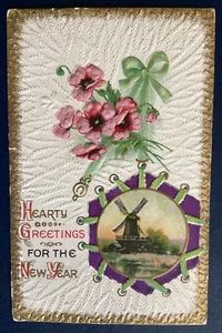 Postcard Hearty Greetings for the New Year Embossed windmill Boundbrook NJ C62 - Picture 1 of 2