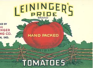 Original Vintage Leininger's Pride Tomatoes Unused Tin Can Label Tipton, Indiana - Picture 1 of 2